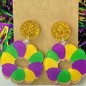 Mardi Gras Purple Green Gold King Cake Statement Earrings New Orleans Jewelry
